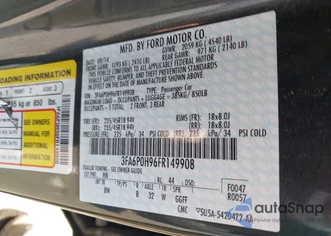 2015 Ford Fusion Se z USA, uszkodzony, nr VIN 3FA6P0H96FR149908